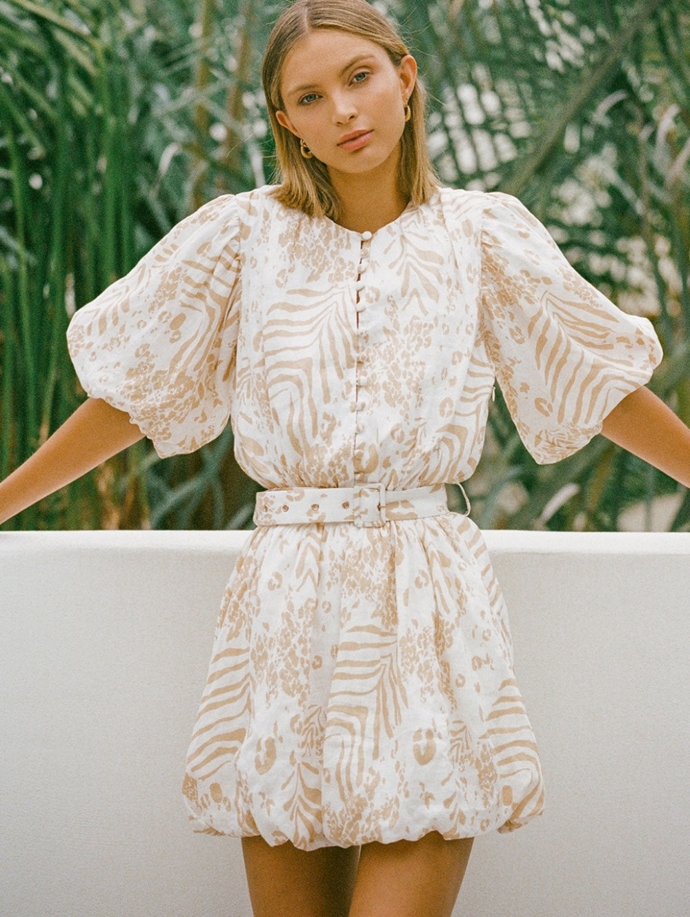 Sabo Luxe Linen Abstract Print Puff-Sleeve bubble skirt Mini Dress with Belt-CRM